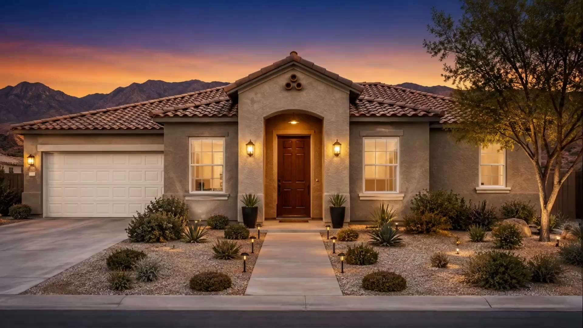 Fachada de casa estilo Southwestern en Las Vegas, Nevada, al atardecer